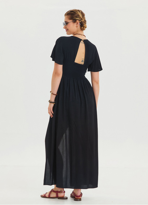 Black Women's Jumpsuit with Flounce Sleeves and Shorts Detail 4490